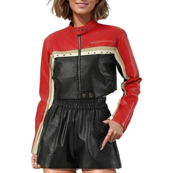 Women's PU Faux Leather Cropped Coat Casual Button Front Jacket - Picture 1 of 1